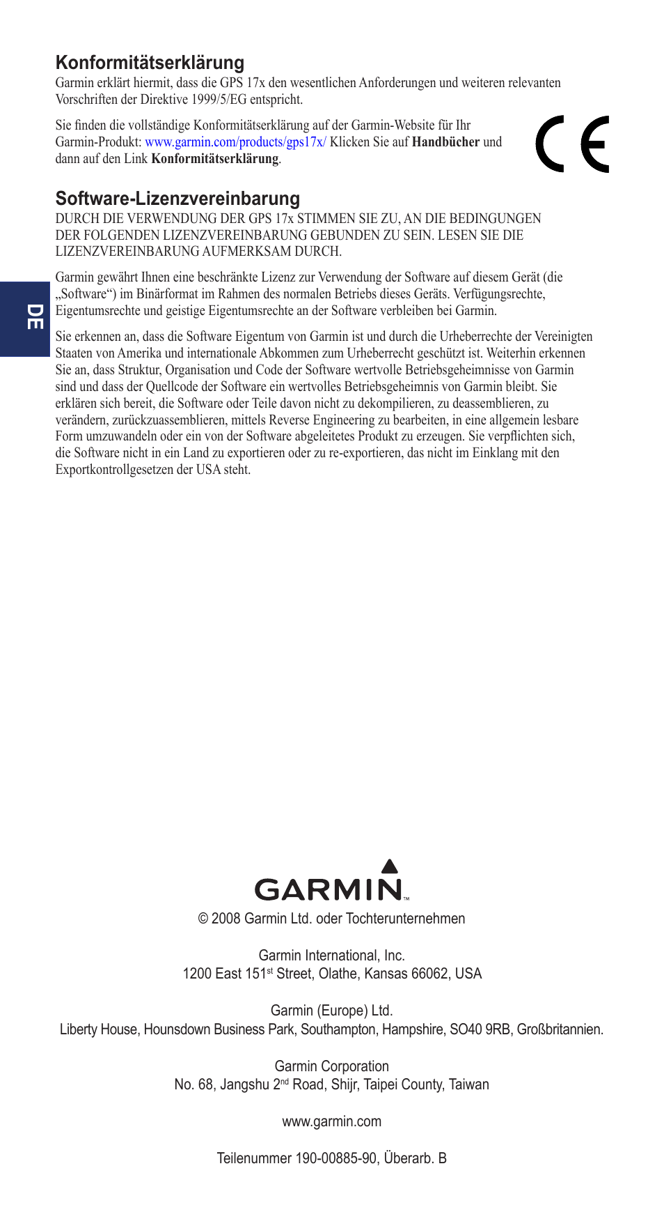 Konformitätserklärung, Software-lizenzvereinbarung | Garmin NMEA 0183 User Manual | Page 24 / 48