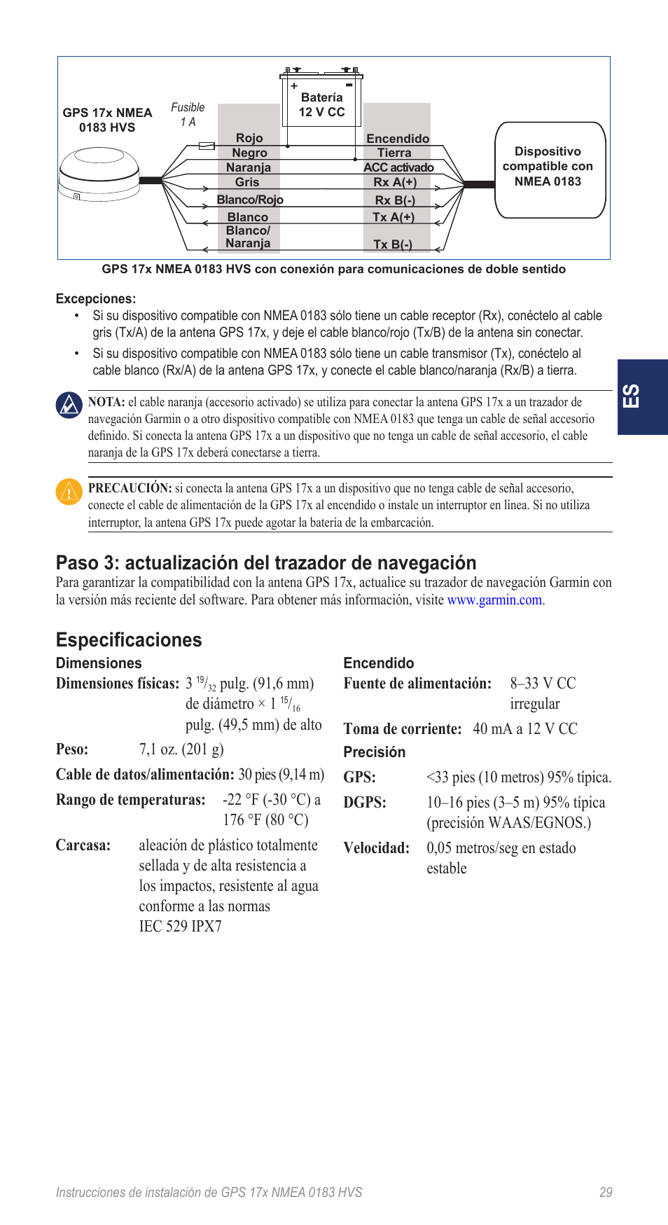 Paso 3: actualización del trazador de navegación, Especificaciones | Garmin NMEA 0183 User Manual | Page 29 / 48