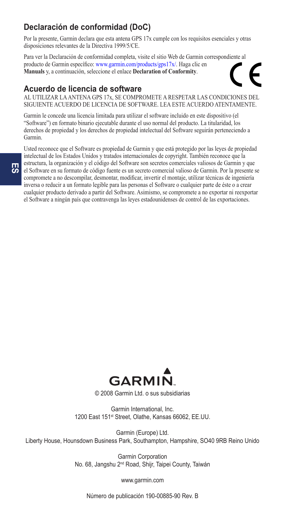 Declaración de conformidad (doc), Acuerdo de licencia de software | Garmin NMEA 0183 User Manual | Page 30 / 48