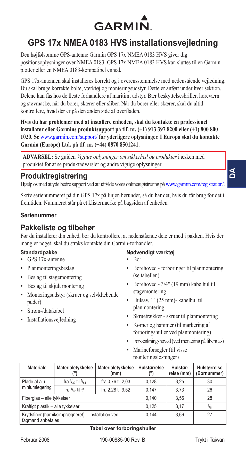 Installationsvejledning, Produktregistrering, Pakkeliste og tilbehør | Garmin NMEA 0183 User Manual | Page 31 / 48