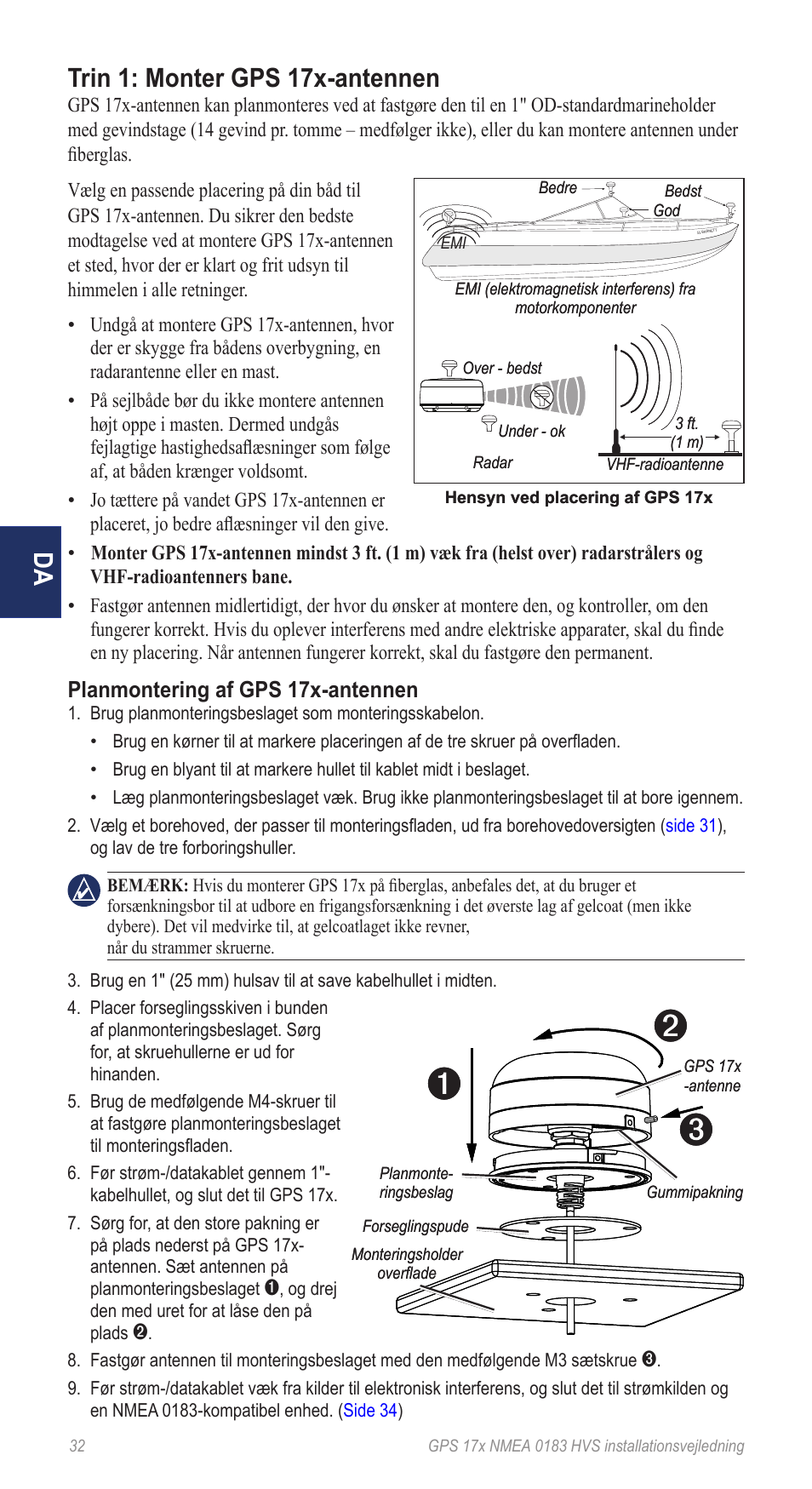 Trin 1: monter gps 17x-antennen, Planmontering af gps 17x-antennen | Garmin NMEA 0183 User Manual | Page 32 / 48