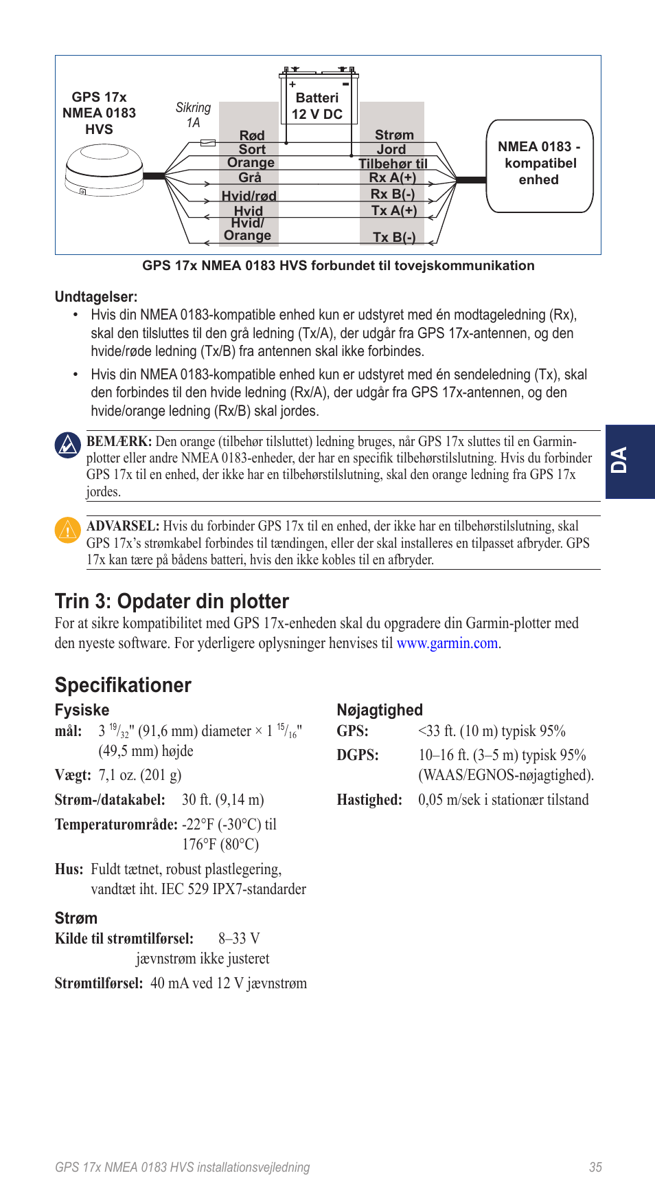 Trin 3: opdater din plotter, Specifikationer | Garmin NMEA 0183 User Manual | Page 35 / 48