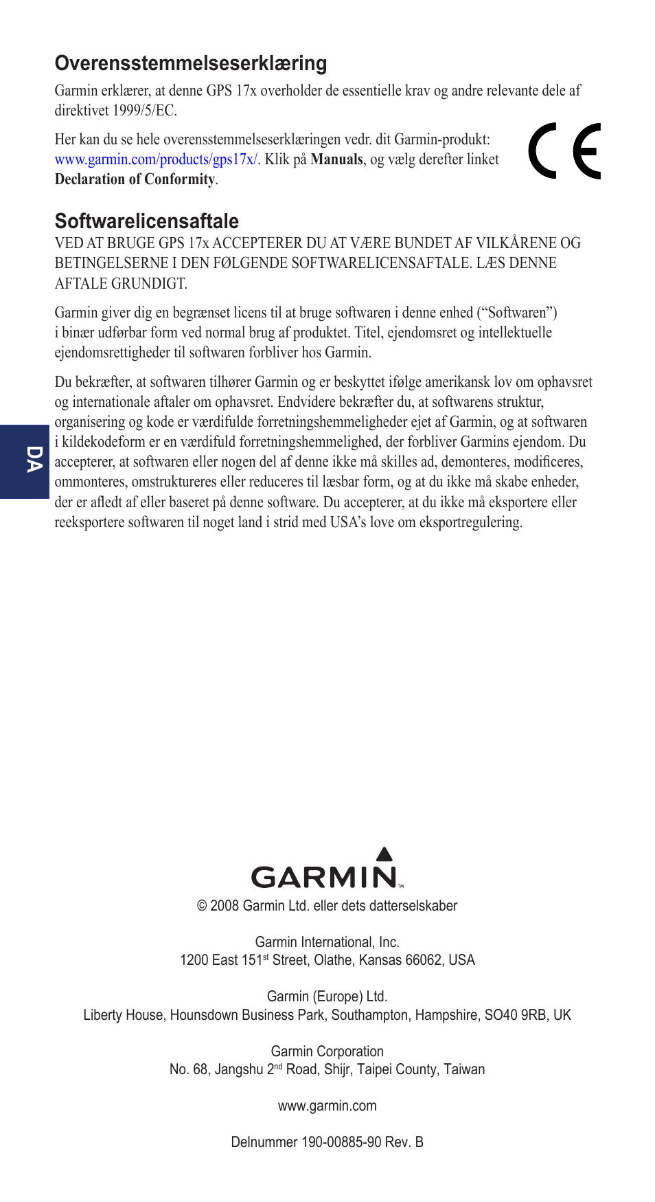 Overensstemmelseserklæring, Softwarelicensaftale | Garmin NMEA 0183 User Manual | Page 36 / 48