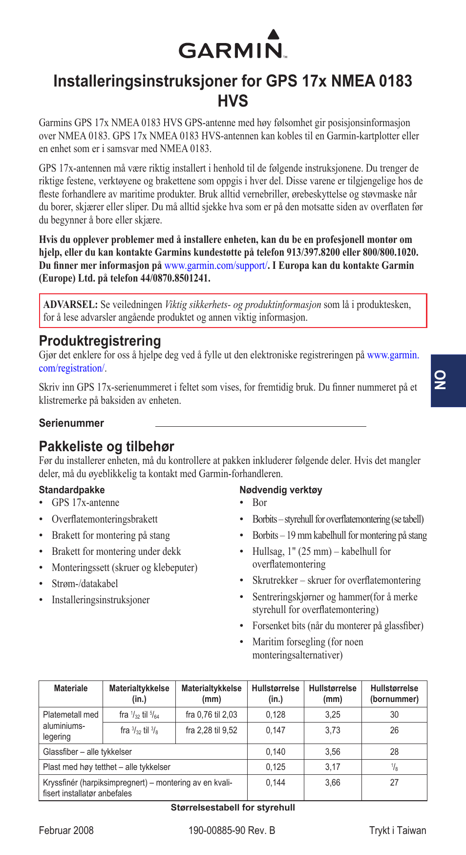 Installeringsinstruksjoner, Produktregistrering, Pakkeliste og tilbehør | Garmin NMEA 0183 User Manual | Page 37 / 48