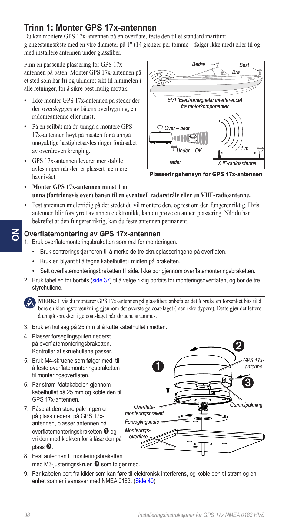 Trinn 1: monter gps 17x-antennen, Overflatemontering av gps 17x-antennen | Garmin NMEA 0183 User Manual | Page 38 / 48