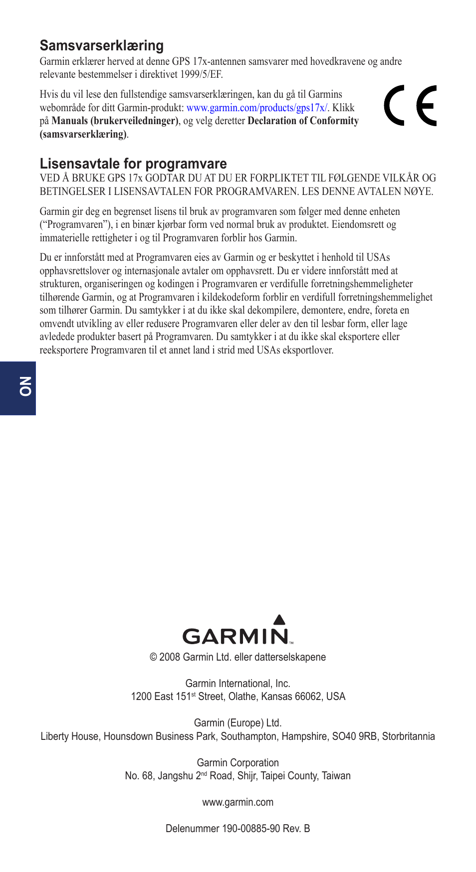 Samsvarserklæring, Lisensavtale for programvare | Garmin NMEA 0183 User Manual | Page 42 / 48