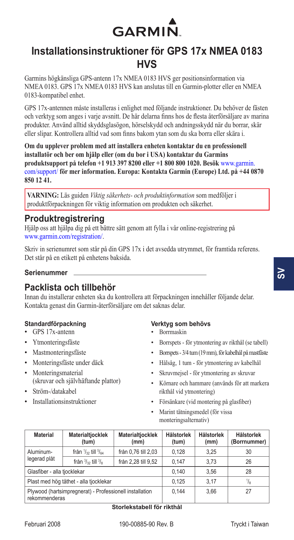 Installationsinstruktioner, Produktregistrering, Packlista och tillbehör | Garmin NMEA 0183 User Manual | Page 43 / 48