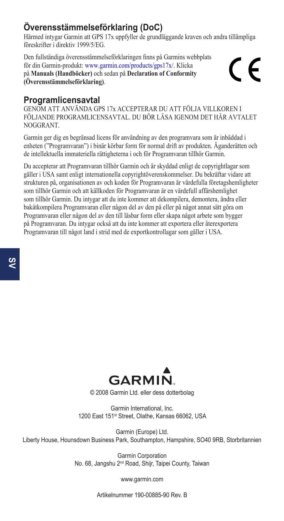 Sv överensstämmelseförklaring (doc), Programlicensavtal | Garmin NMEA 0183 User Manual | Page 48 / 48