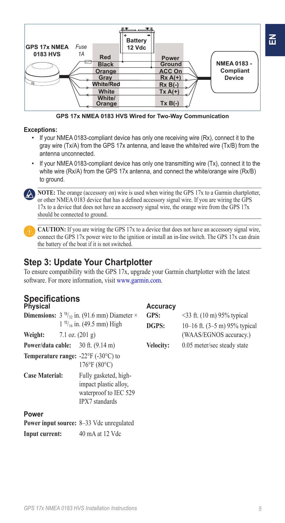 Step 3: update your chartplotter, Specifications | Garmin NMEA 0183 User Manual | Page 5 / 48