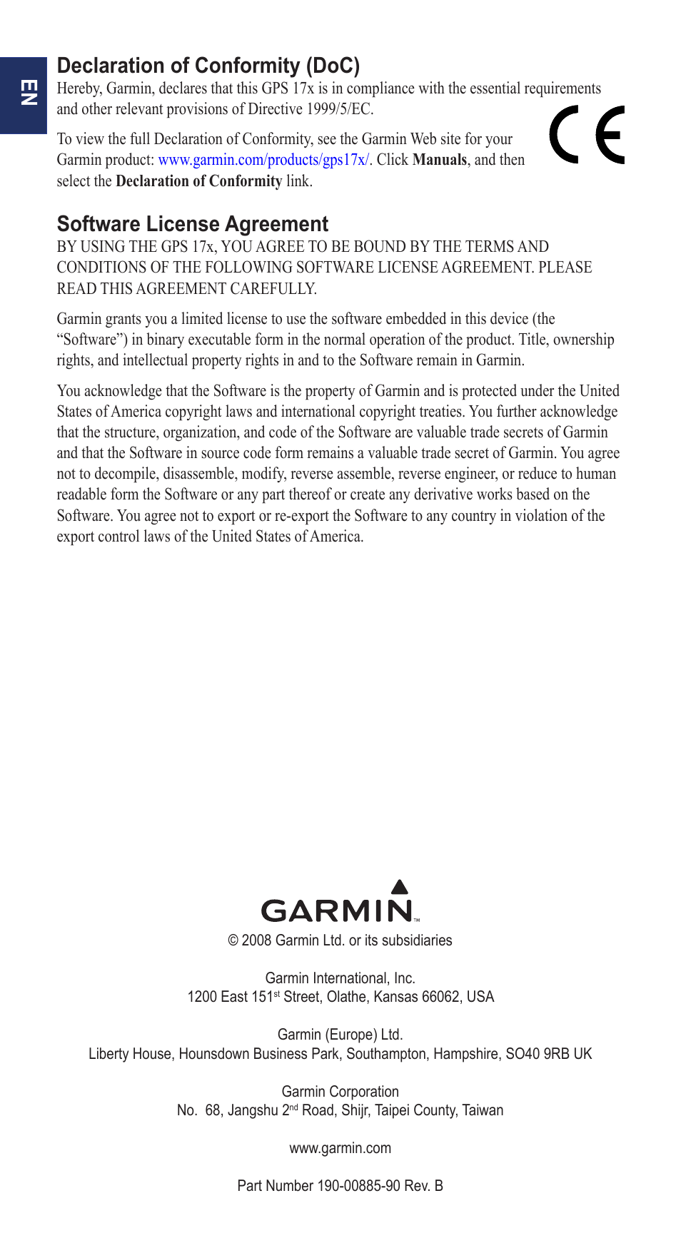 En declaration of conformity (doc), Software license agreement | Garmin NMEA 0183 User Manual | Page 6 / 48