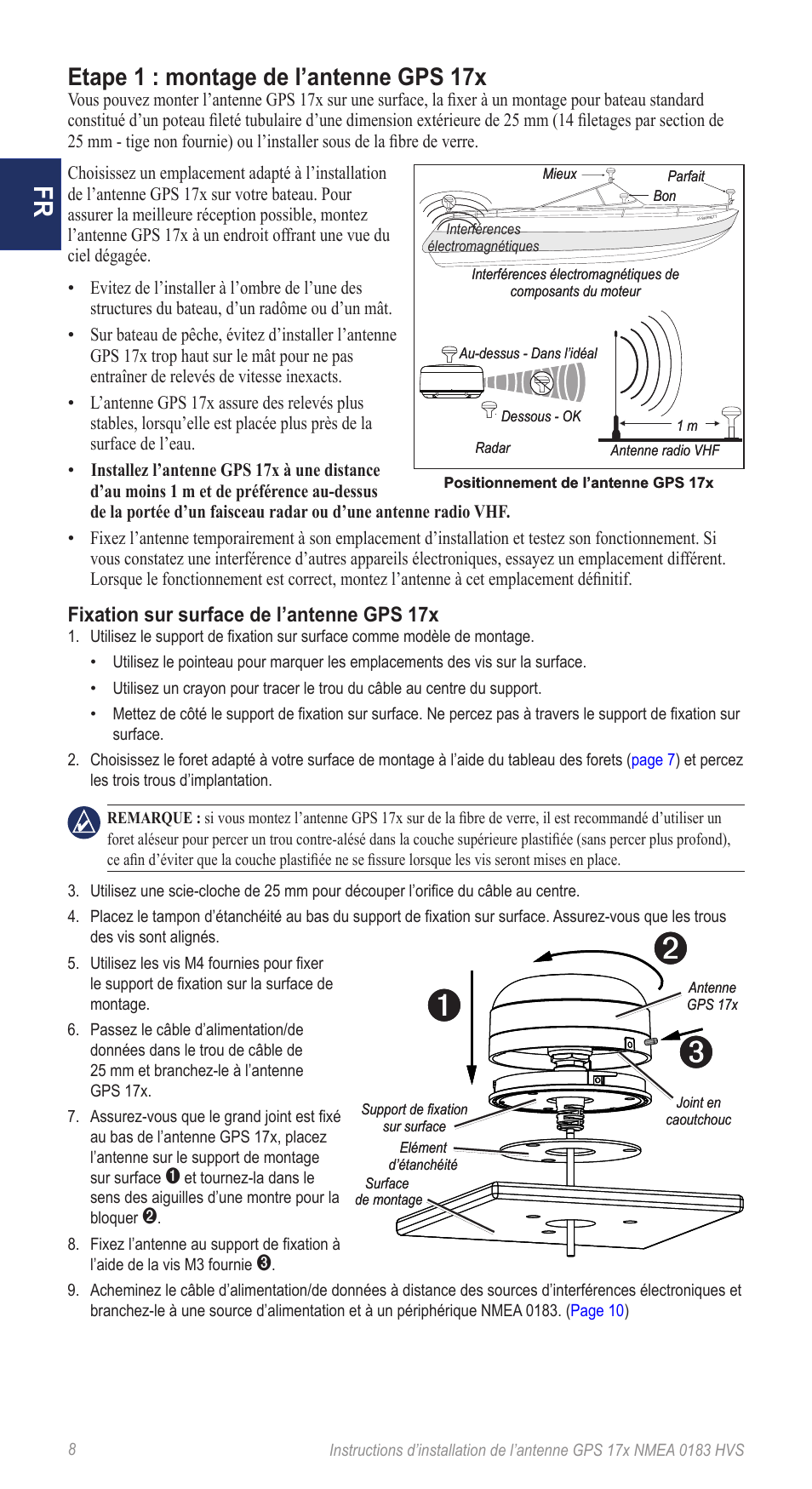 Etape 1 : montage de l’antenne gps 17x, Fixation sur surface de l’antenne gps 17x | Garmin NMEA 0183 User Manual | Page 8 / 48