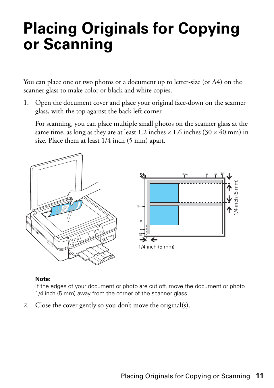 Placing originals for copying or scanning | Epson ARTISAN 725 User Manual | Page 11 / 64