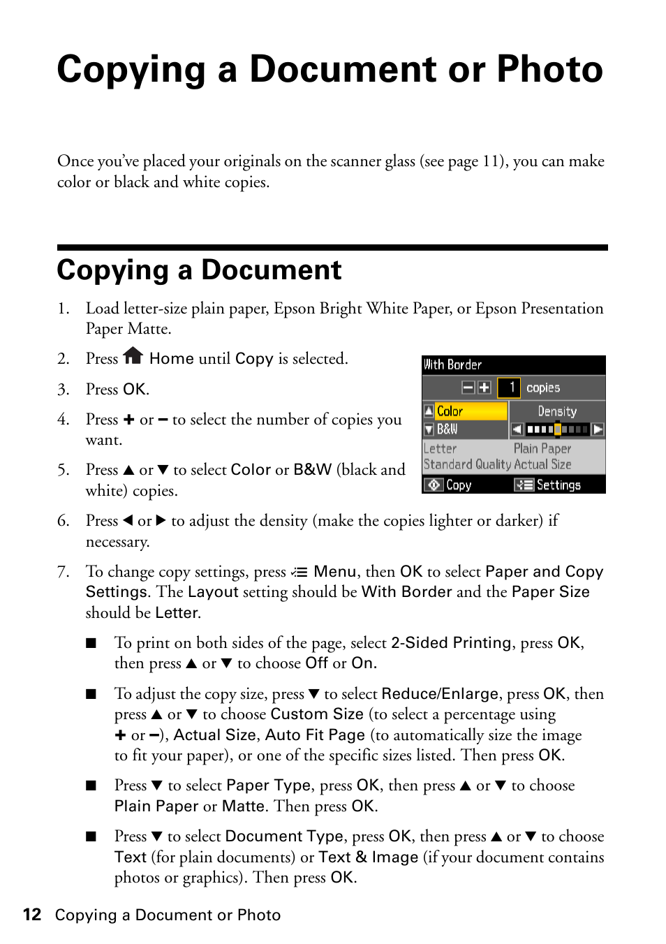 Copying a document or photo, Copying a document | Epson ARTISAN 725 User Manual | Page 12 / 64