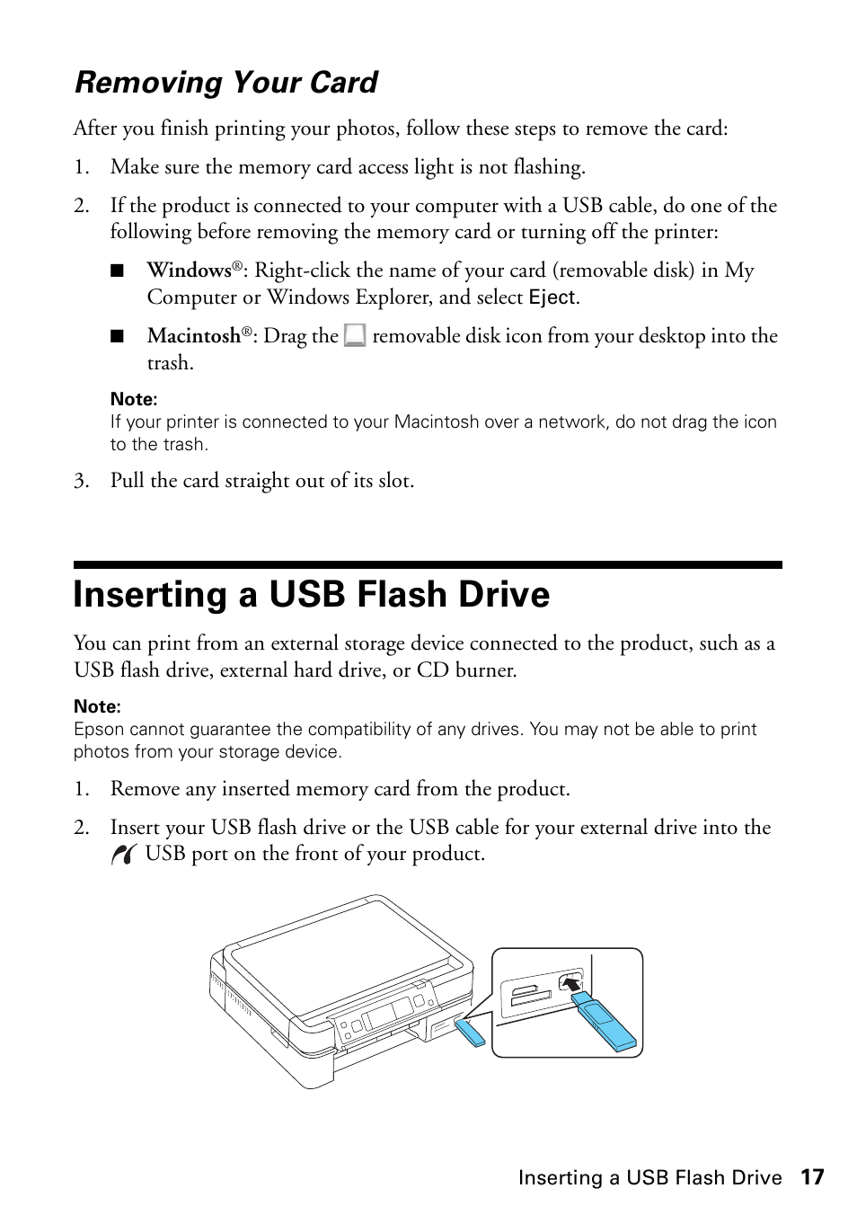 Removing your card, Inserting a usb flash drive | Epson ARTISAN 725 User Manual | Page 17 / 64