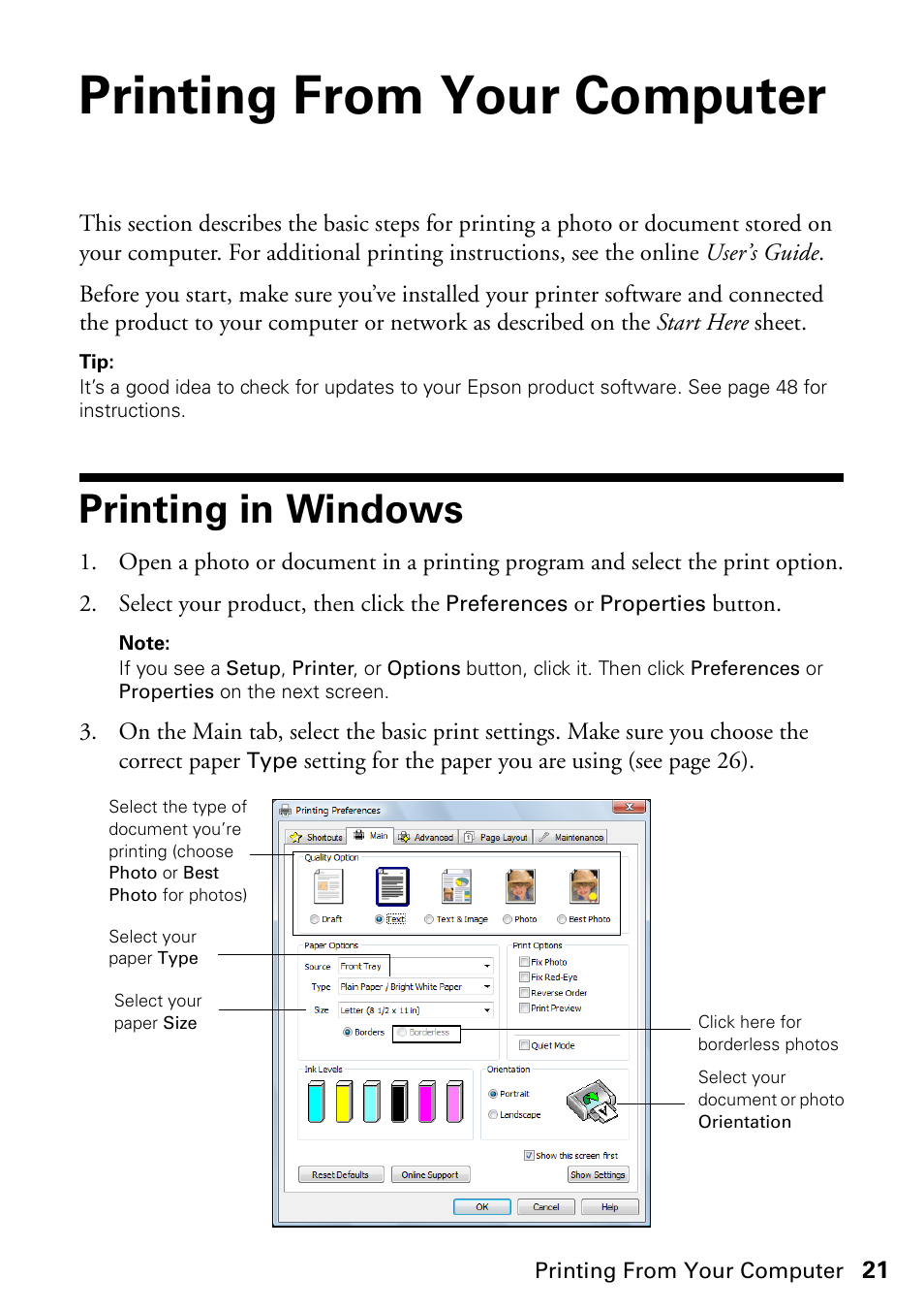 Printing from your computer, Printing in windows | Epson ARTISAN 725 User Manual | Page 21 / 64