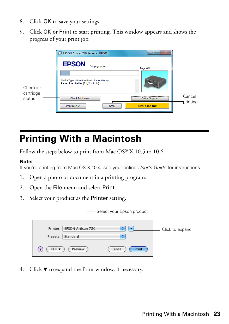 Printing with a macintosh | Epson ARTISAN 725 User Manual | Page 23 / 64