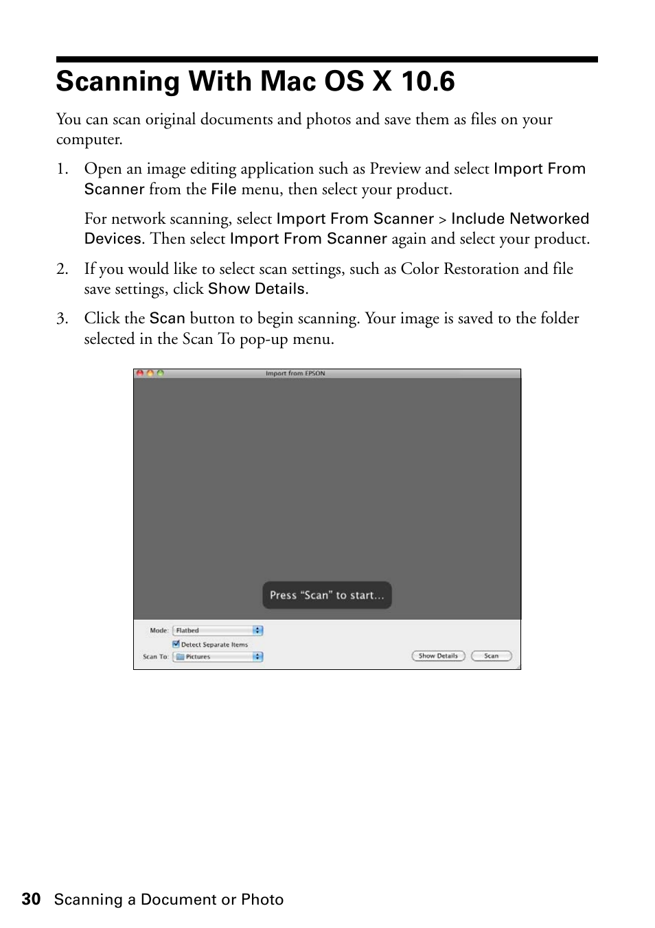 Scanning with mac os x 10.6 | Epson ARTISAN 725 User Manual | Page 30 / 64