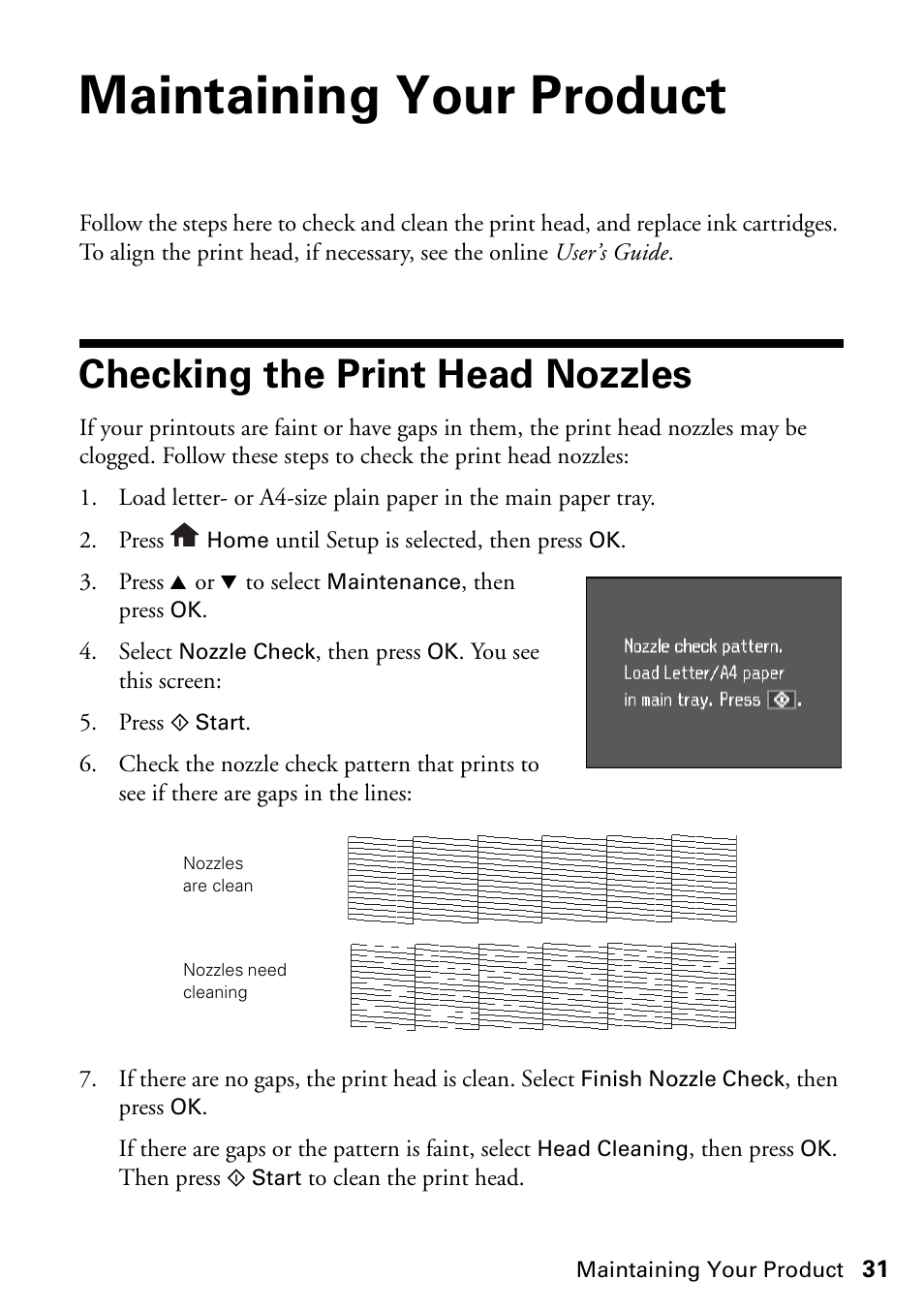 Maintaining your product, Checking the print head nozzles | Epson ARTISAN 725 User Manual | Page 31 / 64