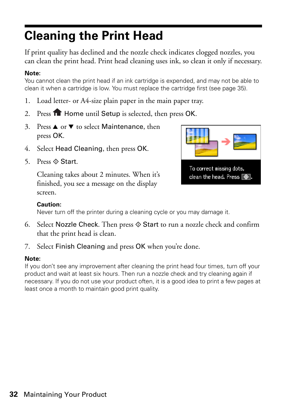 Cleaning the print head | Epson ARTISAN 725 User Manual | Page 32 / 64