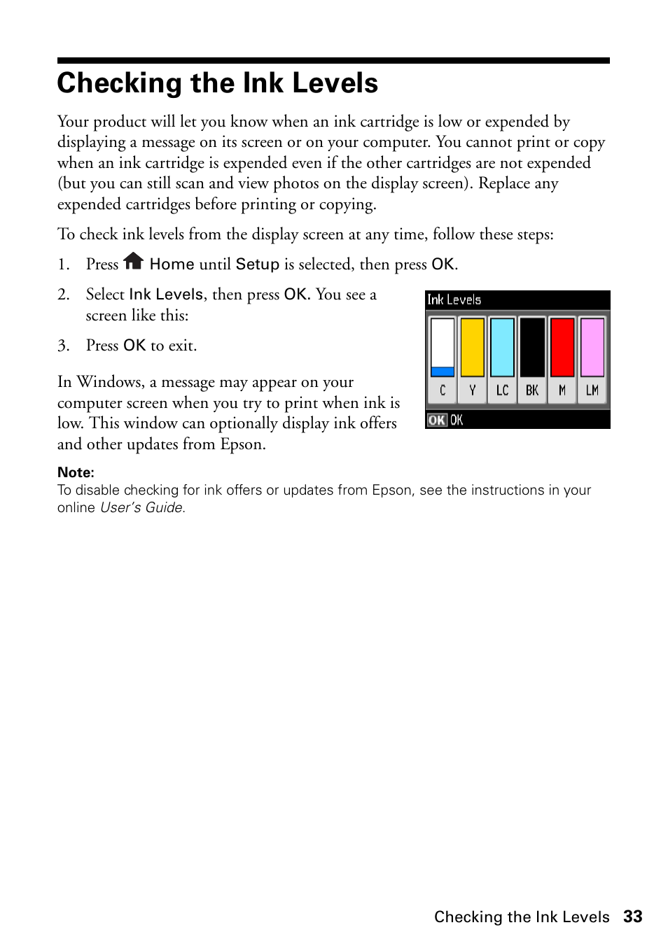 Checking the ink levels | Epson ARTISAN 725 User Manual | Page 33 / 64