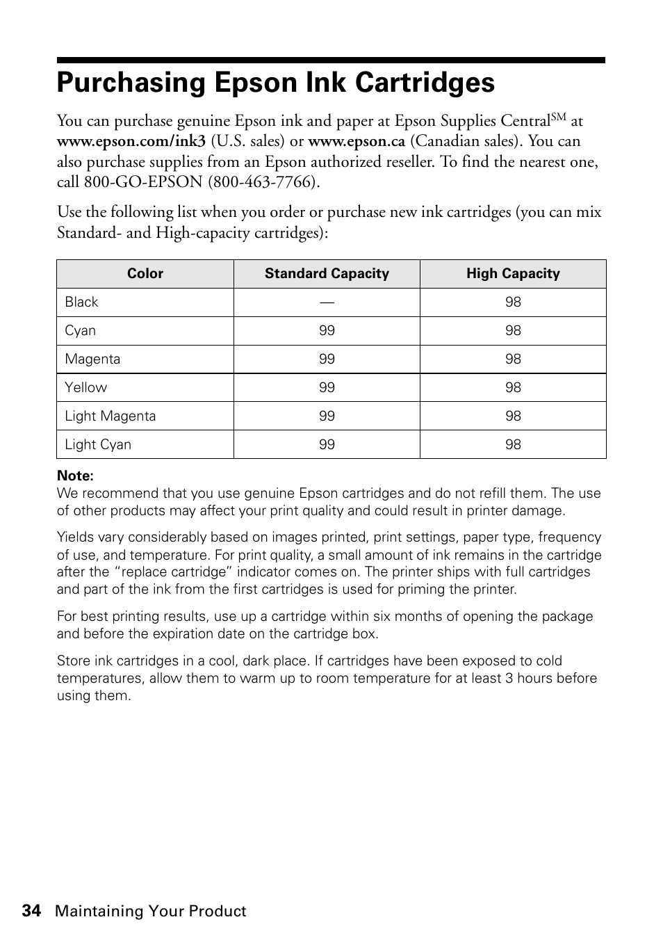 Purchasing epson ink cartridges | Epson ARTISAN 725 User Manual | Page 34 / 64