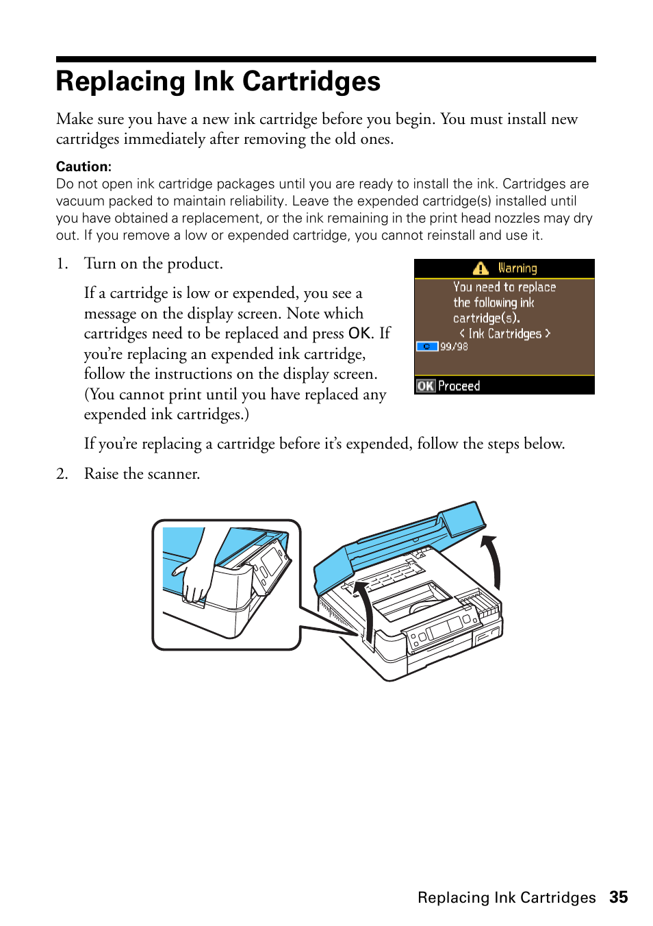 Replacing ink cartridges | Epson ARTISAN 725 User Manual | Page 35 / 64