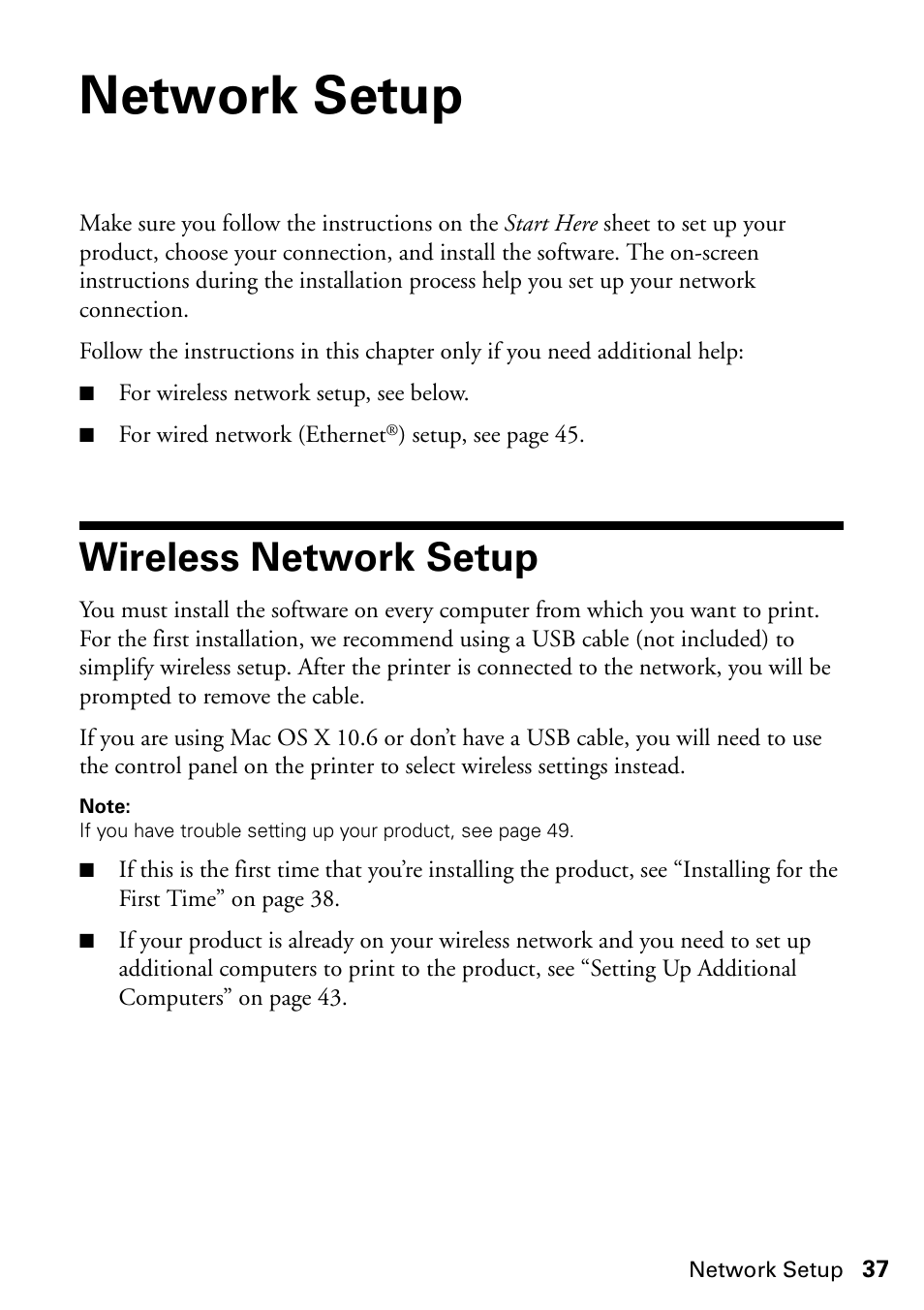 Network setup, Wireless network setup | Epson ARTISAN 725 User Manual | Page 37 / 64