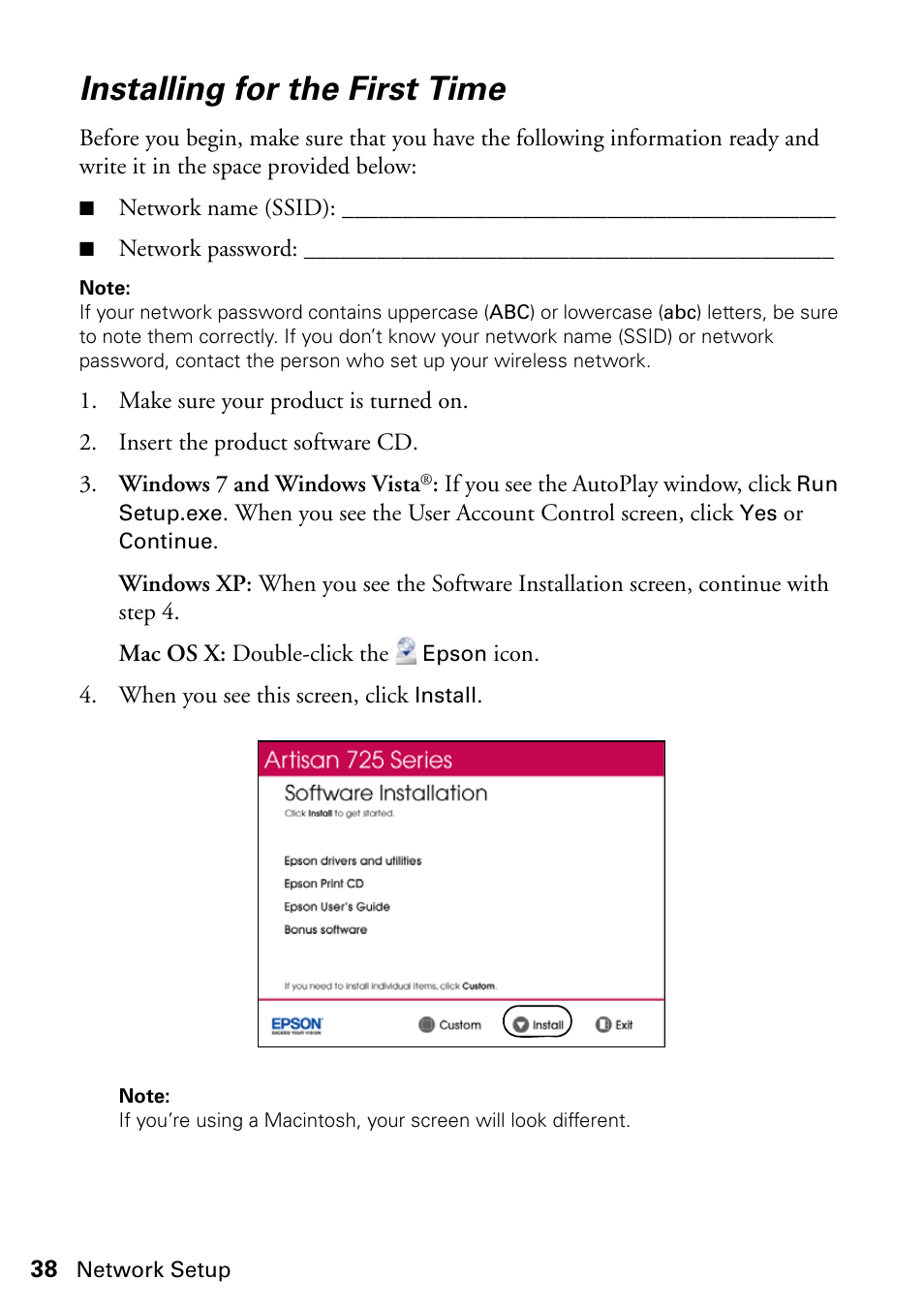 Installing for the first time | Epson ARTISAN 725 User Manual | Page 38 / 64