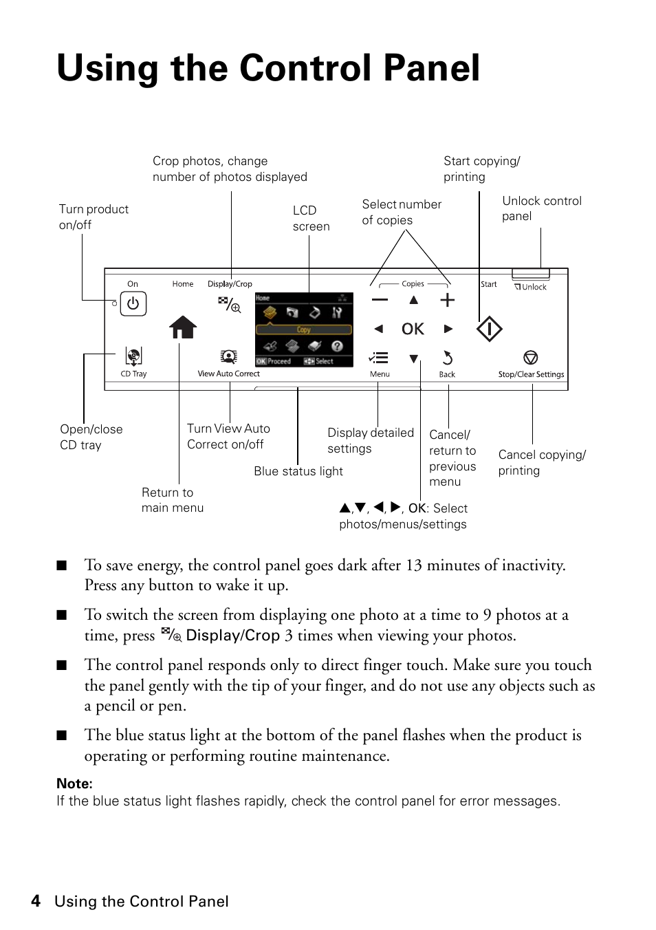 Using the control panel | Epson ARTISAN 725 User Manual | Page 4 / 64