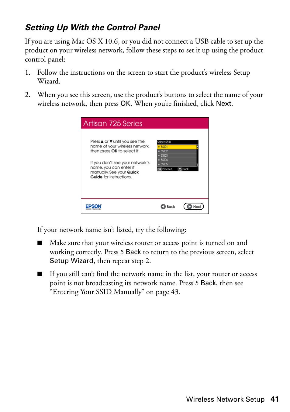 Setting up with the control panel | Epson ARTISAN 725 User Manual | Page 41 / 64