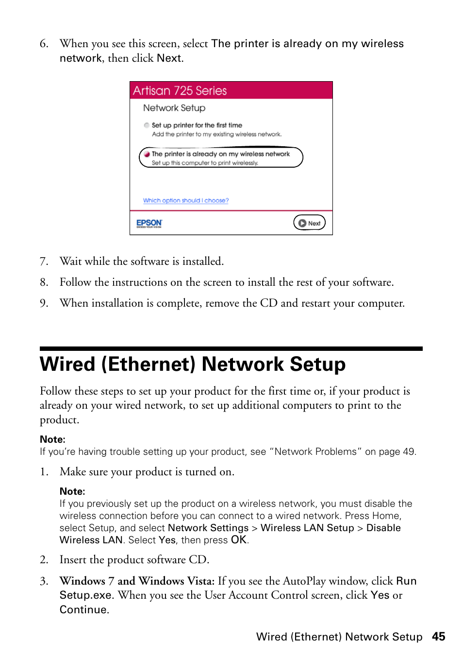 Wired (ethernet) network setup | Epson ARTISAN 725 User Manual | Page 45 / 64