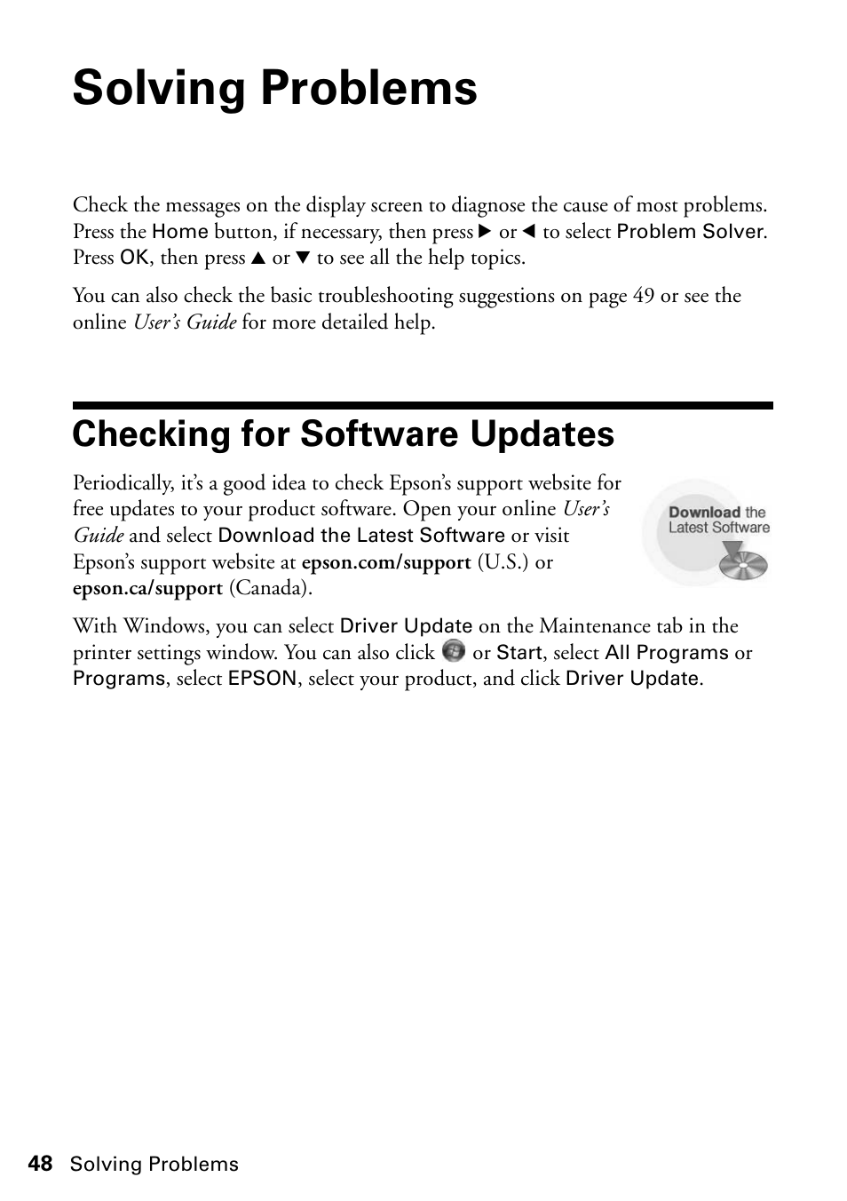 Solving problems, Checking for software updates | Epson ARTISAN 725 User Manual | Page 48 / 64