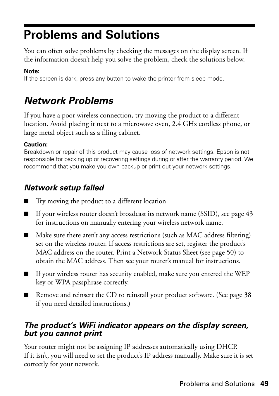 Problems and solutions, Network problems | Epson ARTISAN 725 User Manual | Page 49 / 64