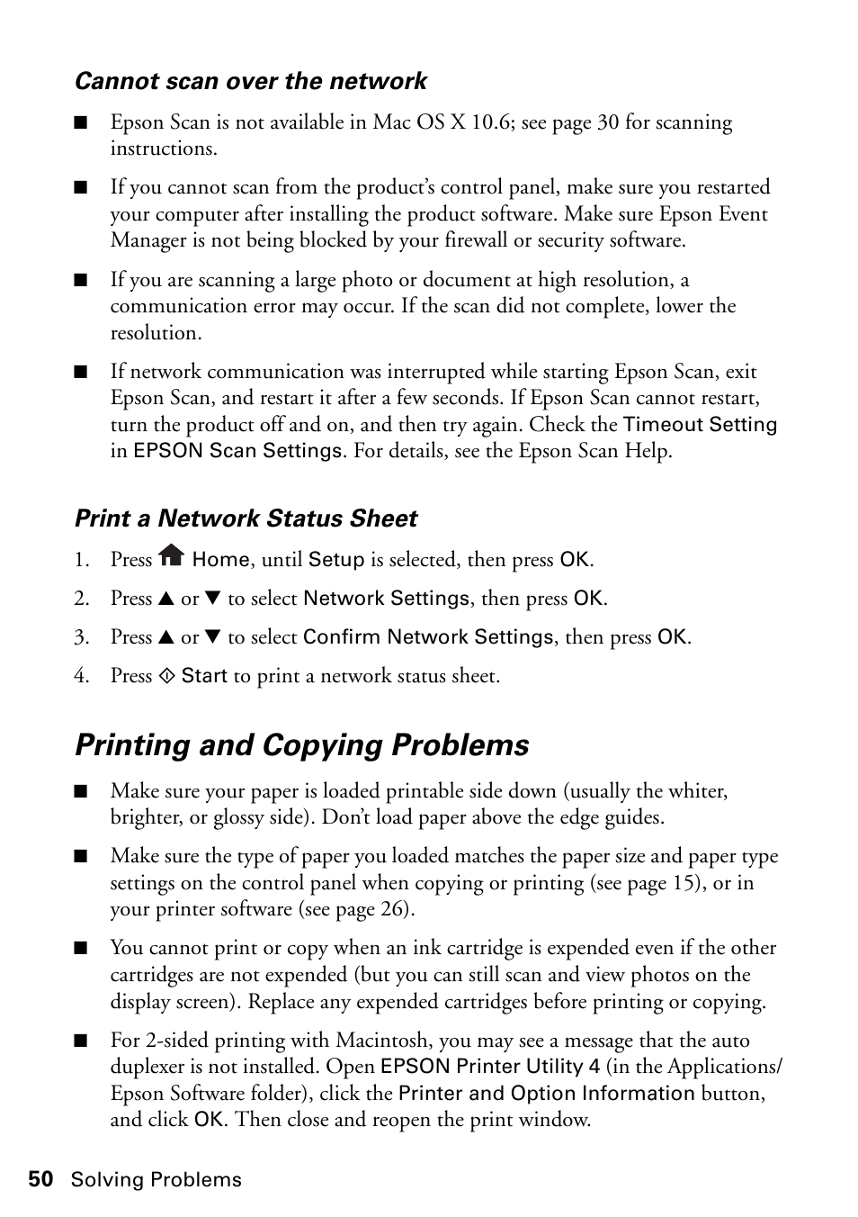 Printing and copying problems, Cannot scan over the network, Print a network status sheet | Epson ARTISAN 725 User Manual | Page 50 / 64