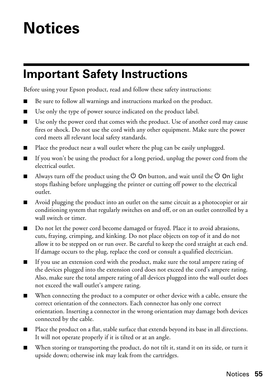 Notices, Important safety instructions | Epson ARTISAN 725 User Manual | Page 55 / 64