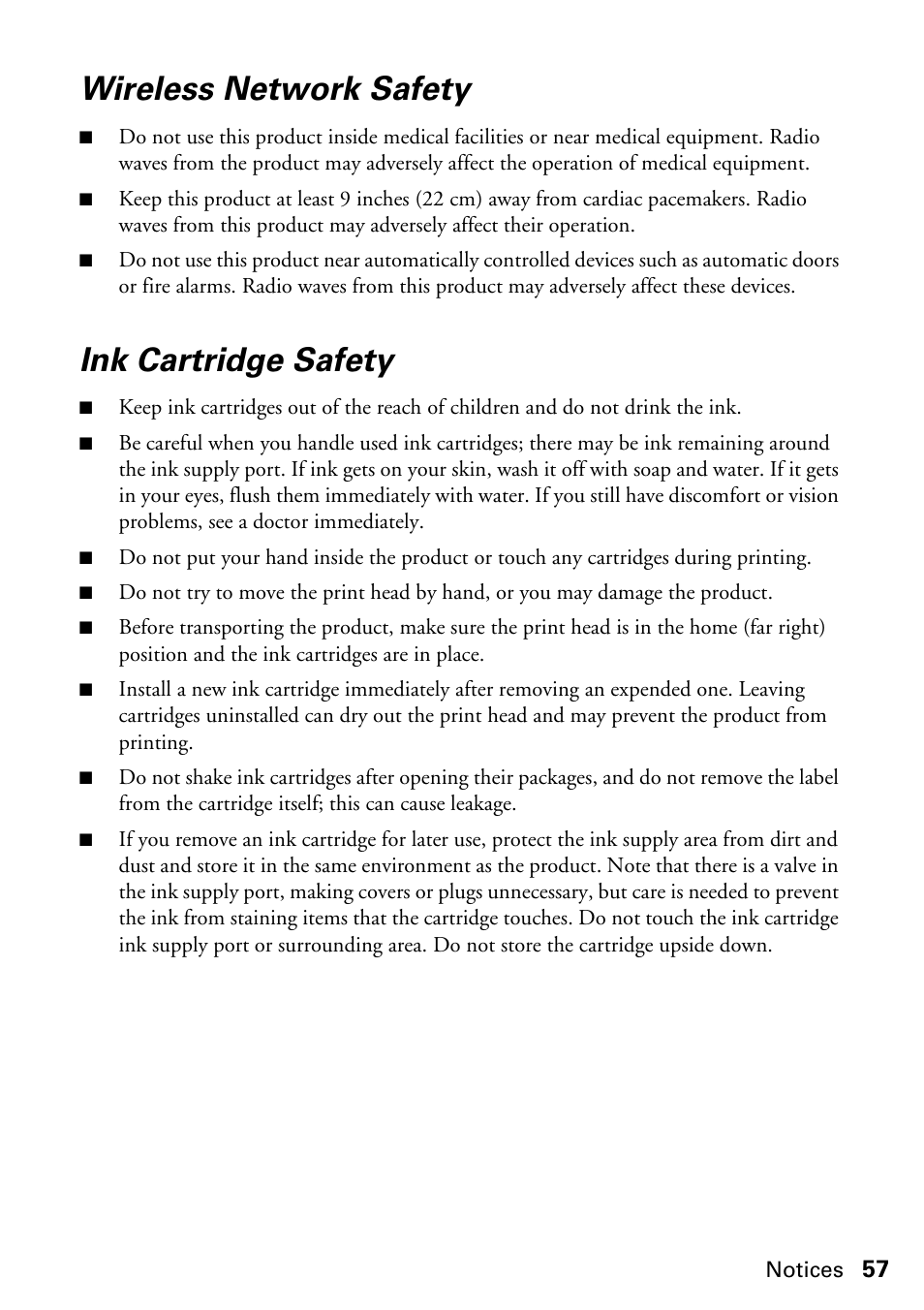 Wireless network safety, Ink cartridge safety | Epson ARTISAN 725 User Manual | Page 57 / 64