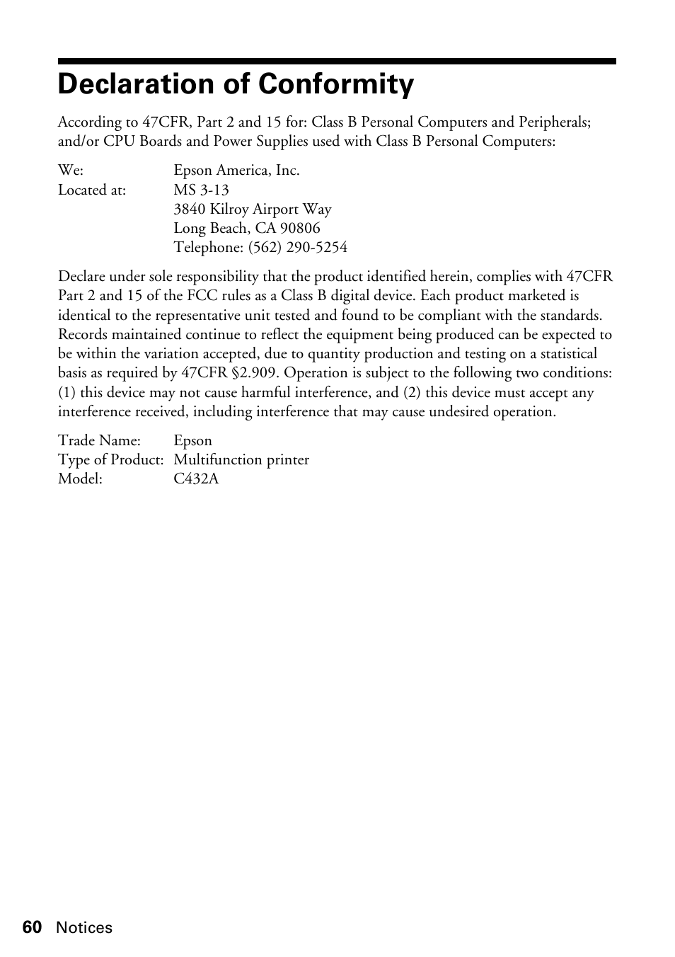 Declaration of conformity | Epson ARTISAN 725 User Manual | Page 60 / 64