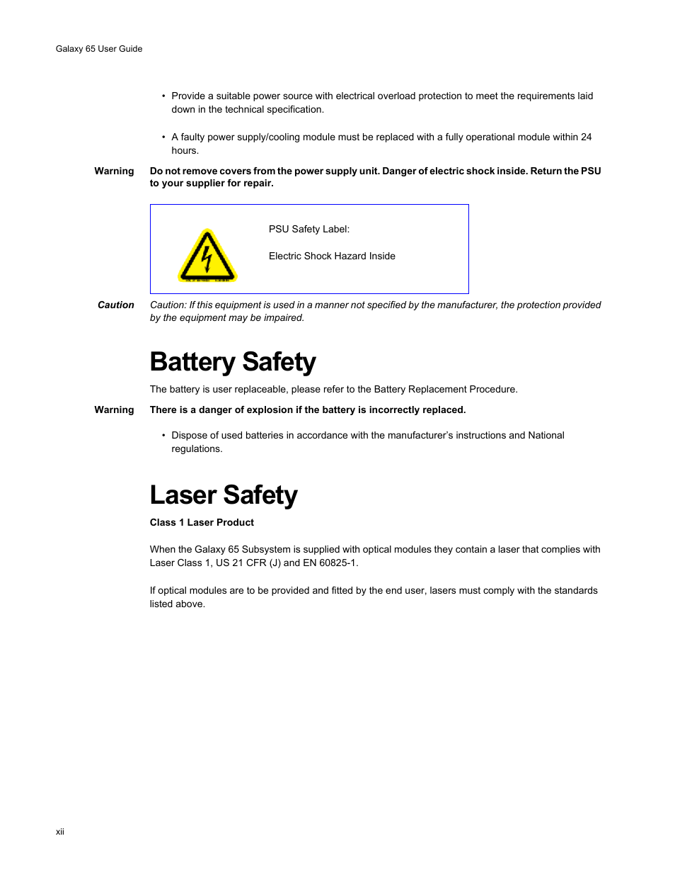 Battery safety, Laser safety | Galaxy Metal Gear 65 User Manual | Page 14 / 258
