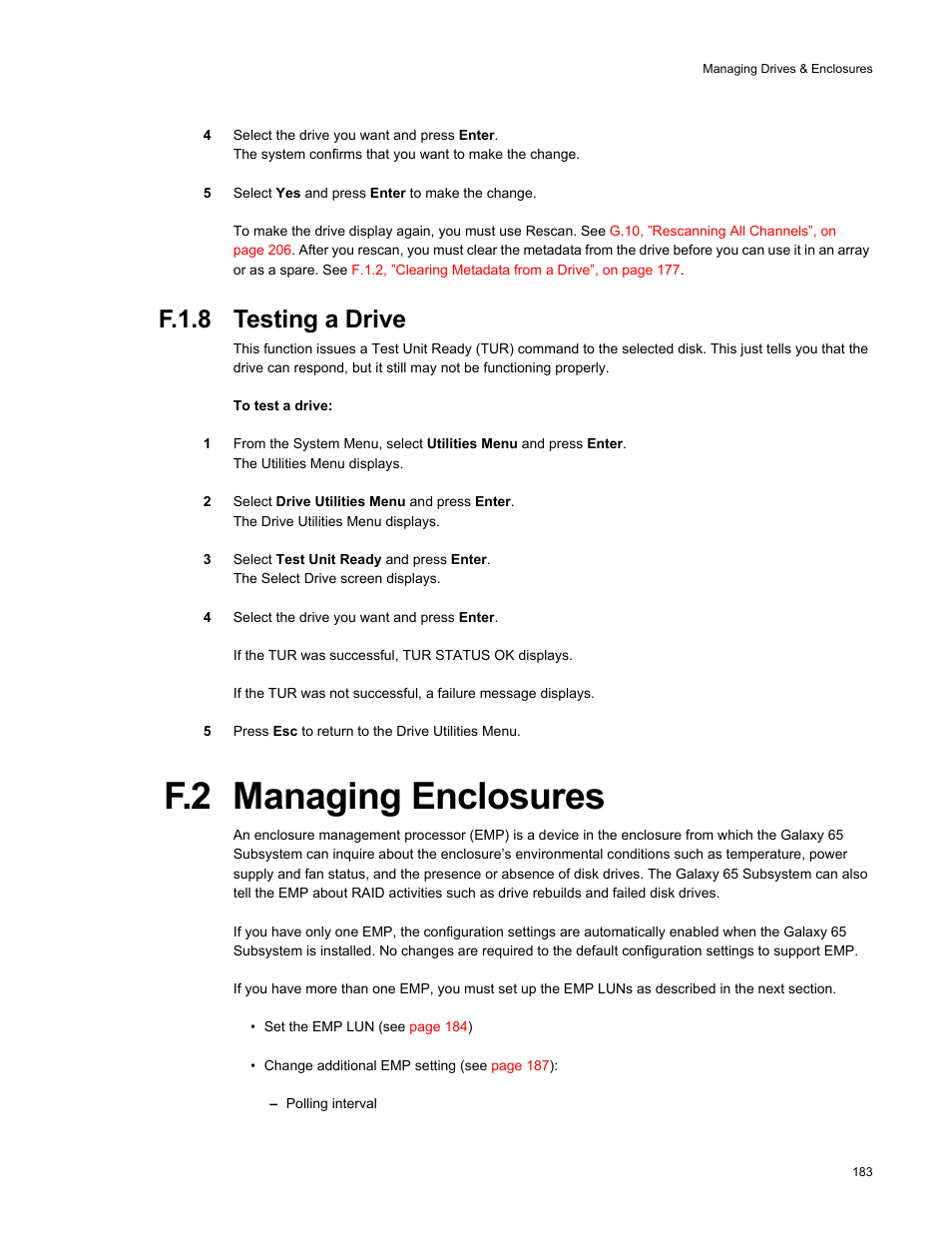 F.2 managing enclosures, F.1.8 testing a drive | Galaxy Metal Gear 65 User Manual | Page 203 / 258