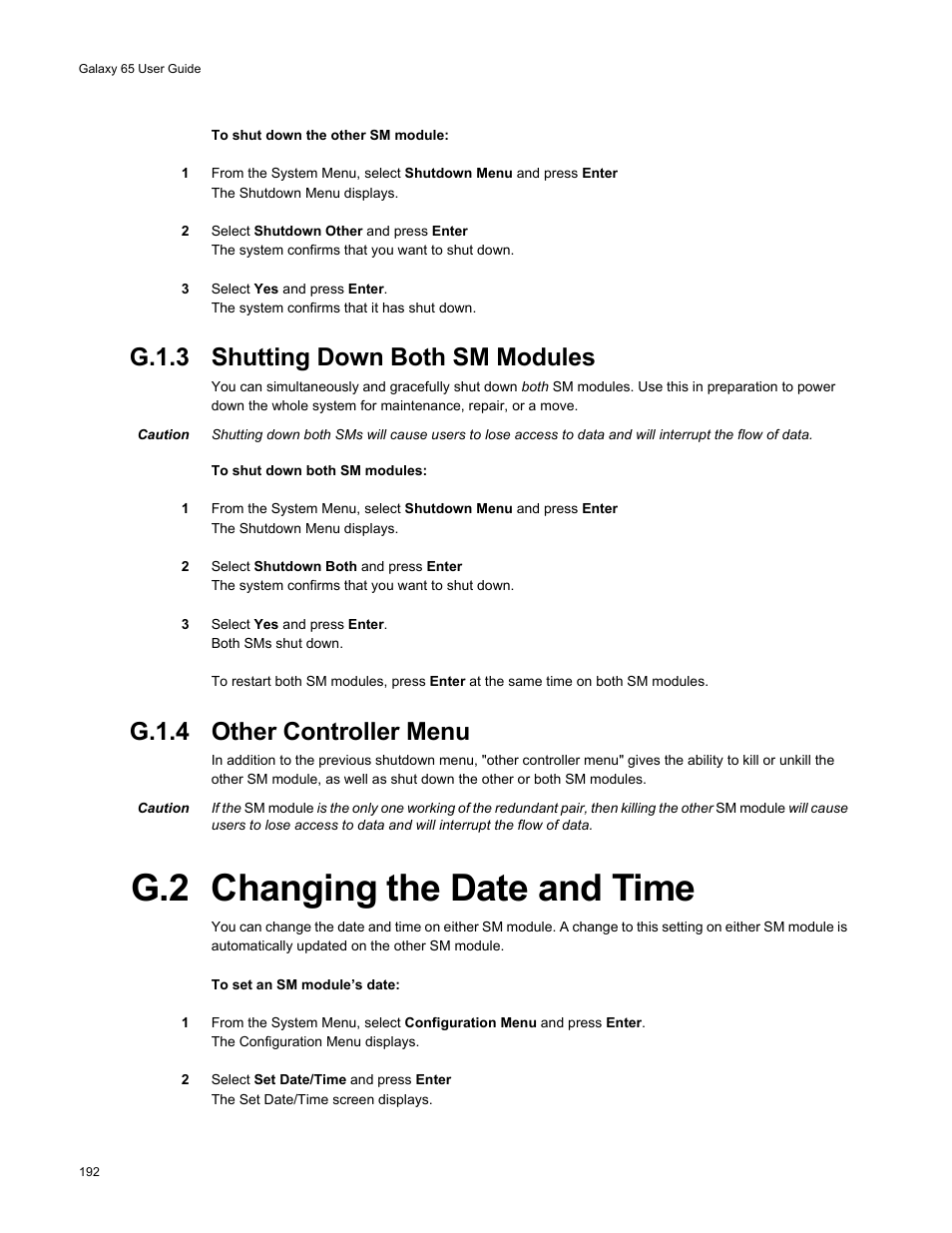 G.2 changing the date and time, G.1.3 shutting down both sm modules, G.1.4 other controller menu | Galaxy Metal Gear 65 User Manual | Page 212 / 258