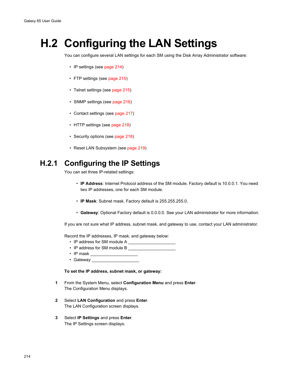 H.2 configuring the lan settings, H.2.1 configuring the ip settings | Galaxy Metal Gear 65 User Manual | Page 234 / 258