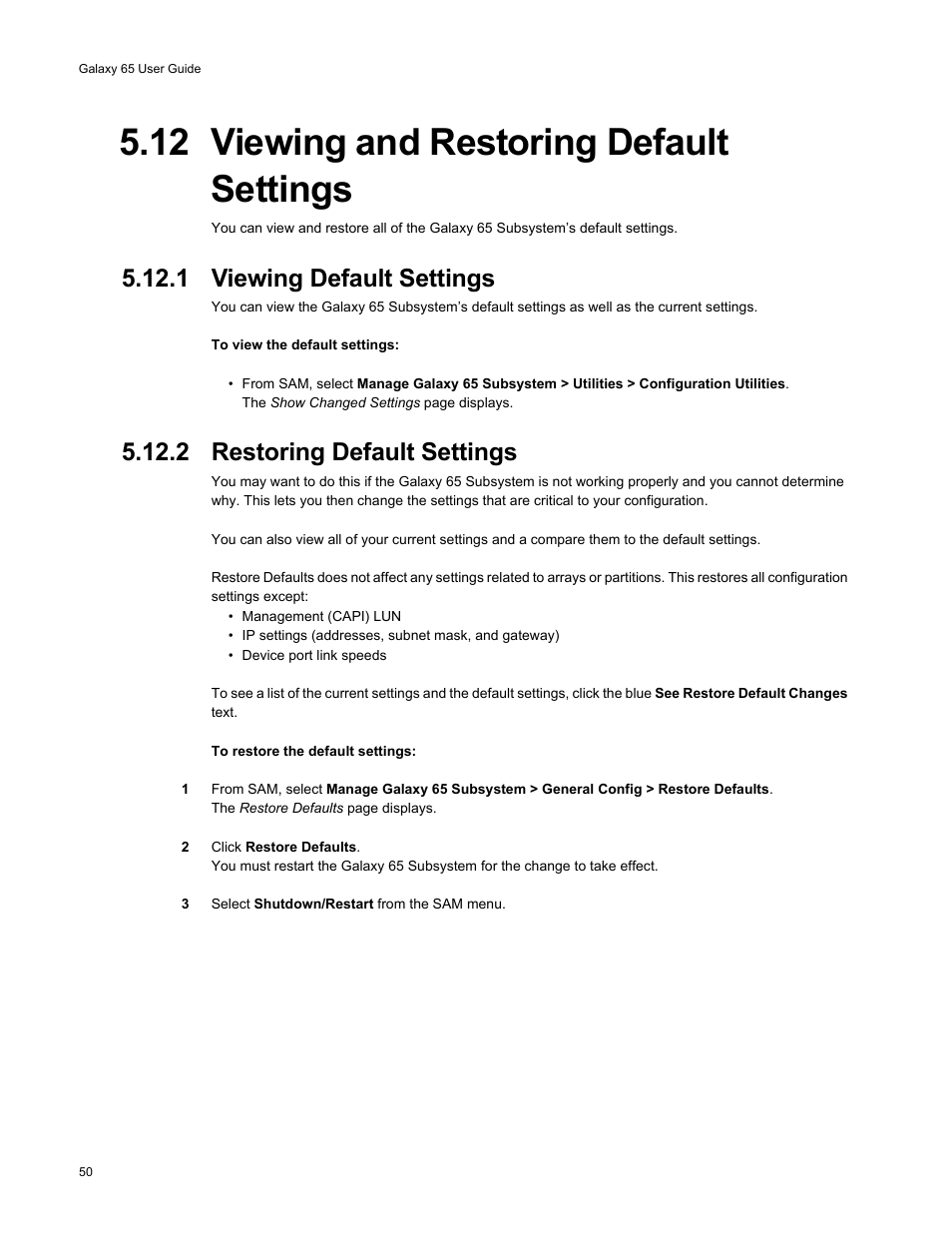 12 viewing and restoring default settings, 1 viewing default settings, 2 restoring default settings | Galaxy Metal Gear 65 User Manual | Page 70 / 258