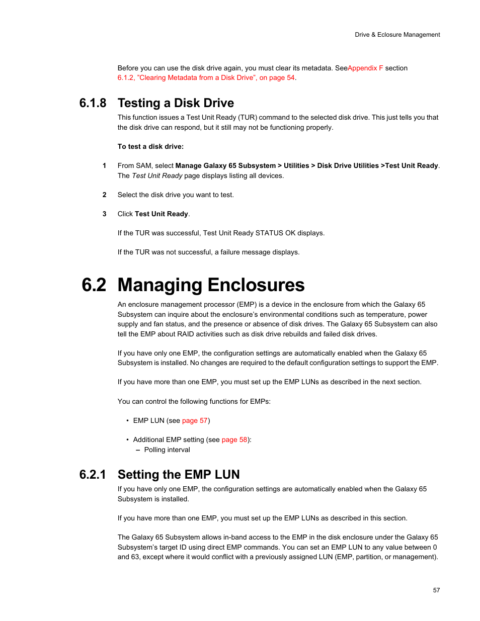 2 managing enclosures, 8 testing a disk drive, 1 setting the emp lun | Galaxy Metal Gear 65 User Manual | Page 77 / 258