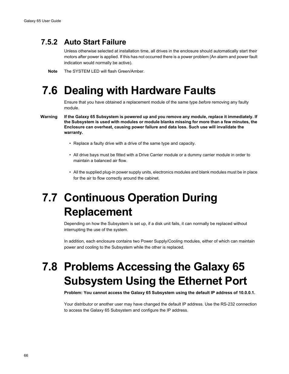 6 dealing with hardware faults, 7 continuous operation during replacement, 2 auto start failure | Galaxy Metal Gear 65 User Manual | Page 86 / 258