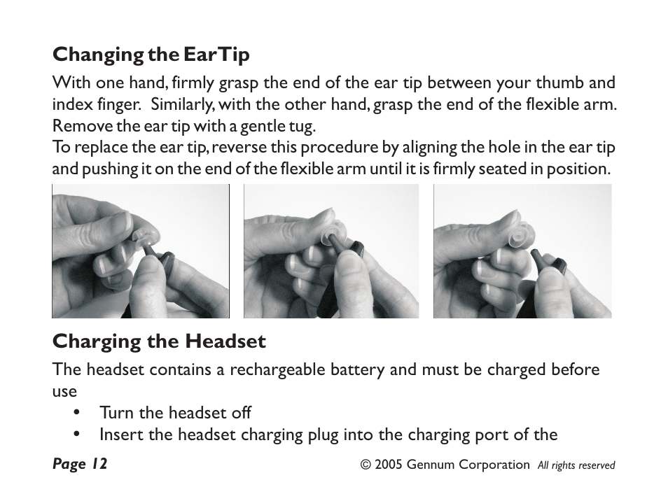 Changing the eartip, Charging the headset | GENNUM Z-280 User Manual | Page 12 / 44