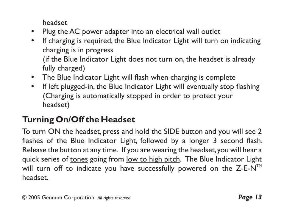 Turning on/off the headset | GENNUM Z-280 User Manual | Page 13 / 44