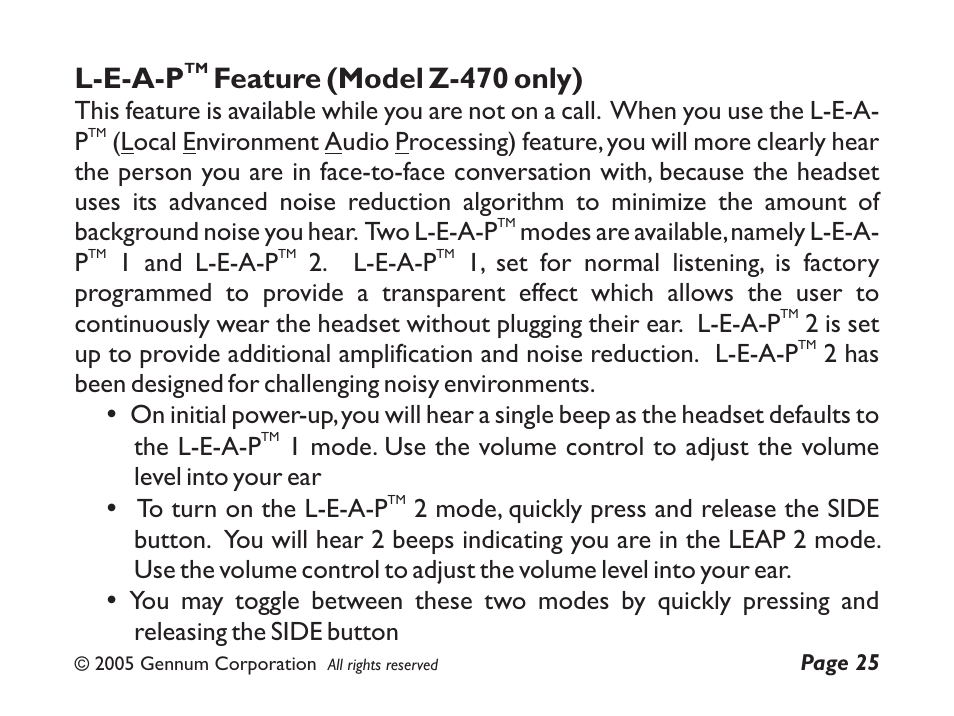 L-e-a-p feature, Model z-470 only) | GENNUM Z-280 User Manual | Page 25 / 44