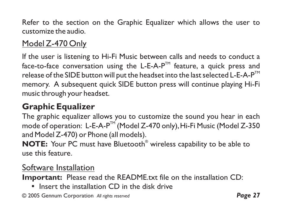 Model z-470 only software installation, Graphic equalizer | GENNUM Z-280 User Manual | Page 27 / 44