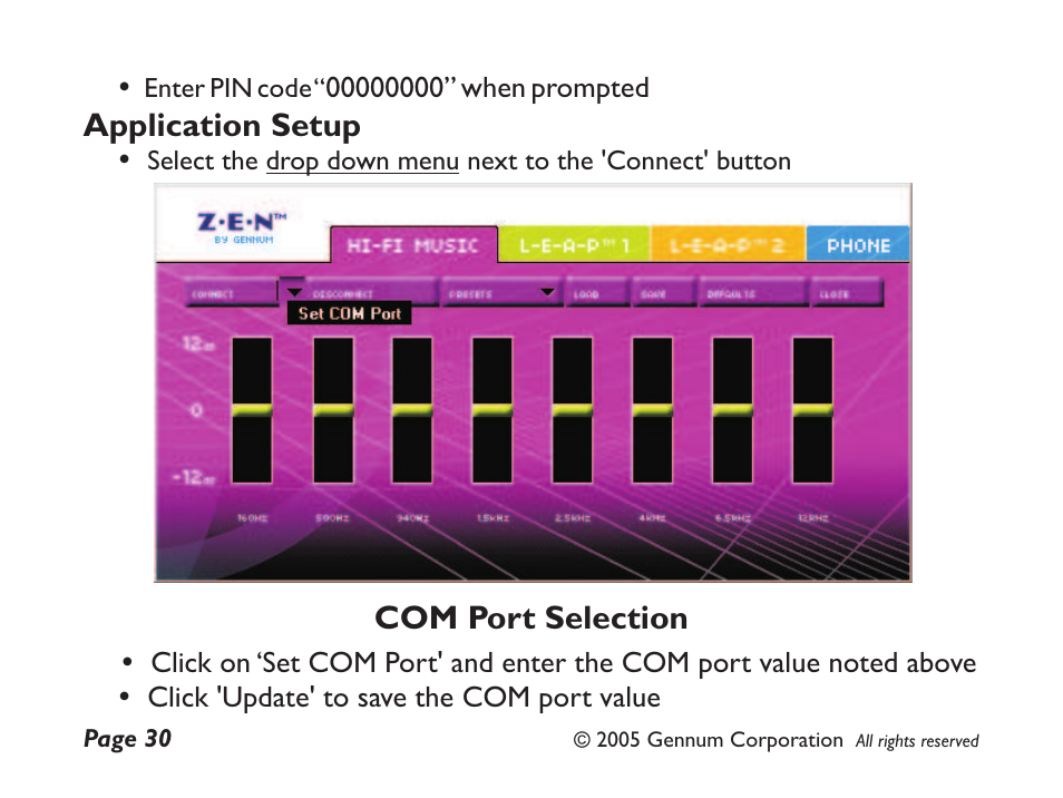 Application setup, Com port selection | GENNUM Z-280 User Manual | Page 30 / 44