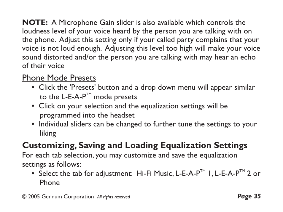 Phone mode presets | GENNUM Z-280 User Manual | Page 35 / 44